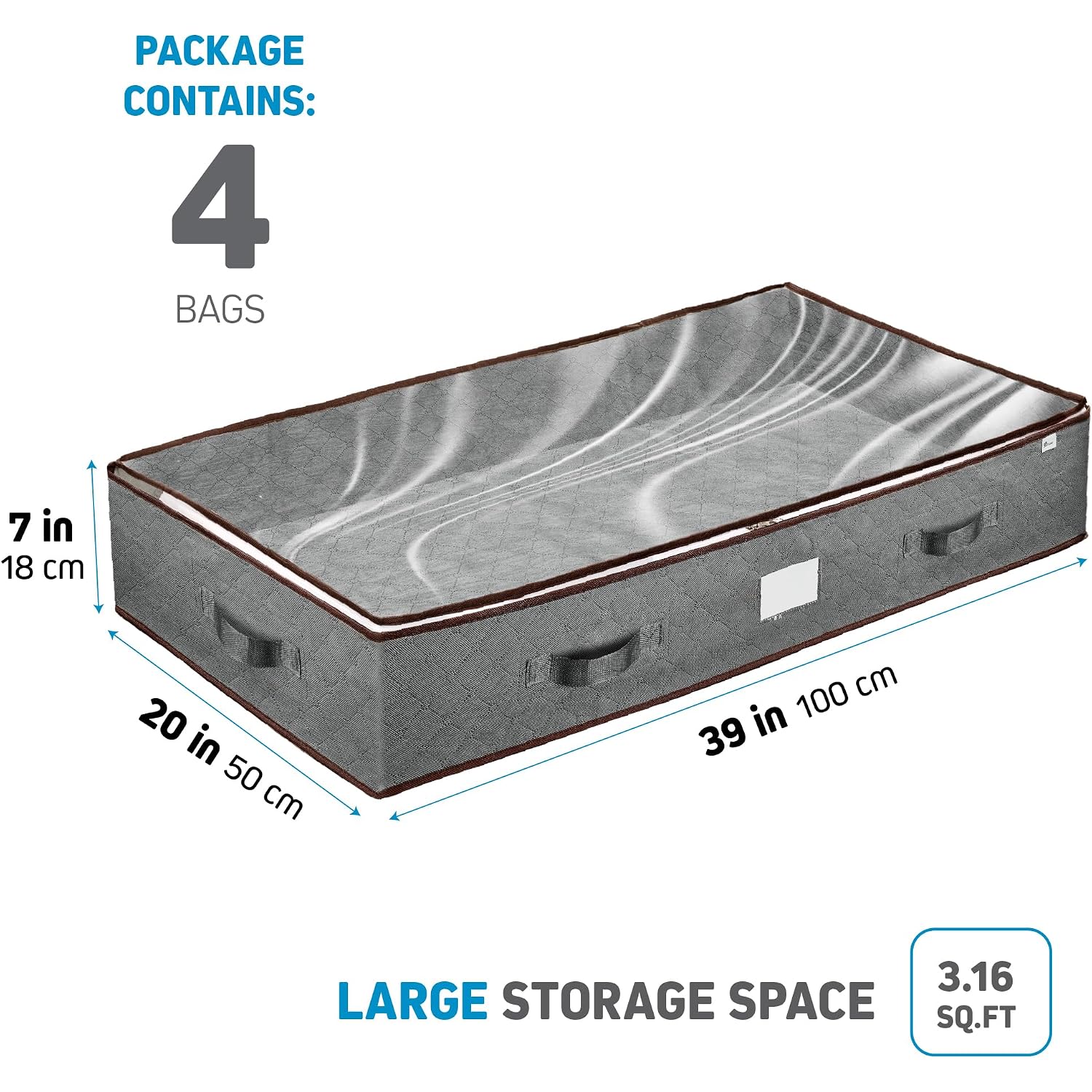 Under Bed Storage Bins - 90L Pack Of 4 Under The Bed Storage Containers For Clothes, Blankets, Winter Clothing, & Shoes - Underbed Storage Containers With Handles, Dual Zippers, & Clear Top