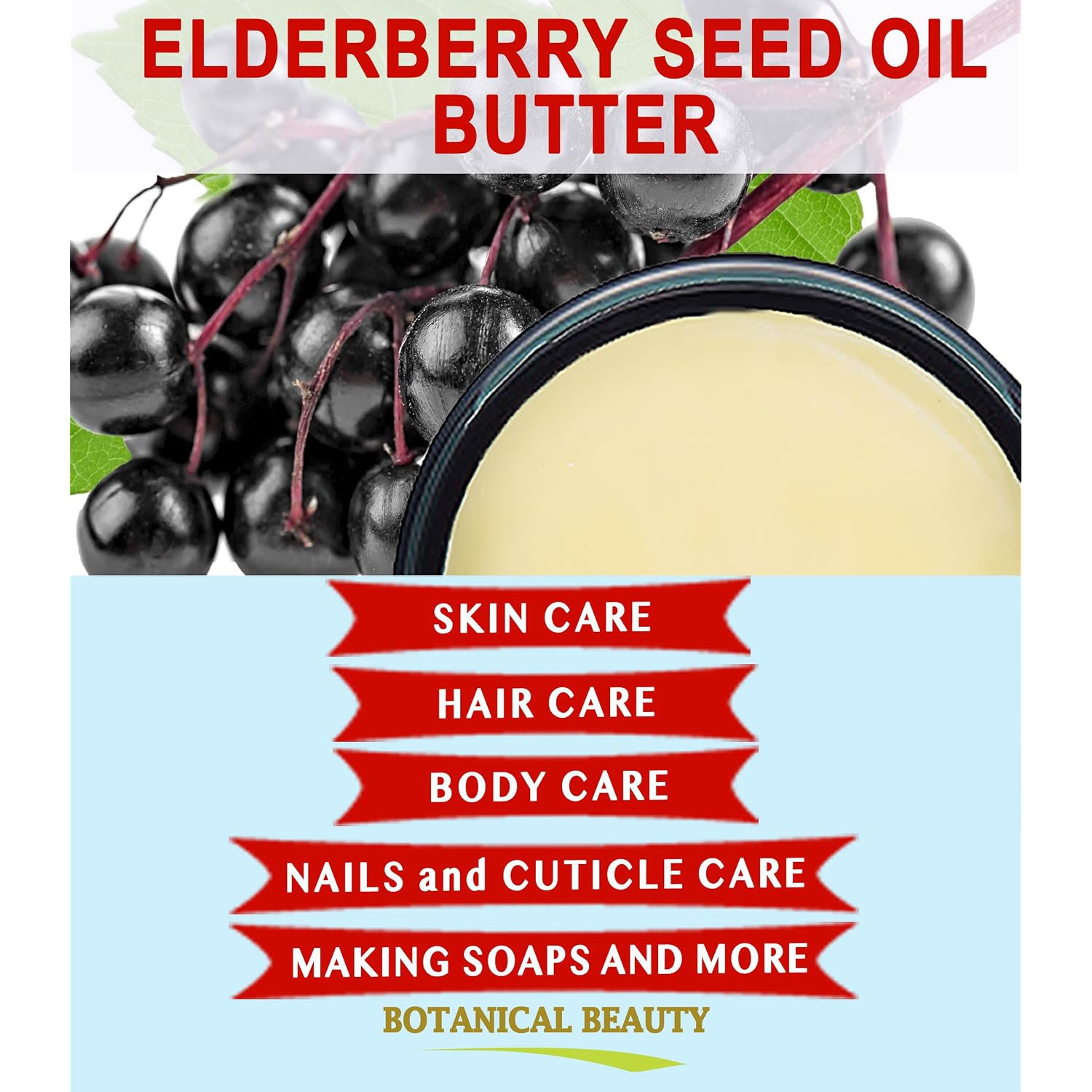 Botanical Beauty Elderberry Seed Oil Butter 100% Natural Pure Virgin Unrefined Raw For Face, Skin, Body, Hair, Nails, Dry Skin. Elderberry Oil, Coconut Butter, Vitamin E