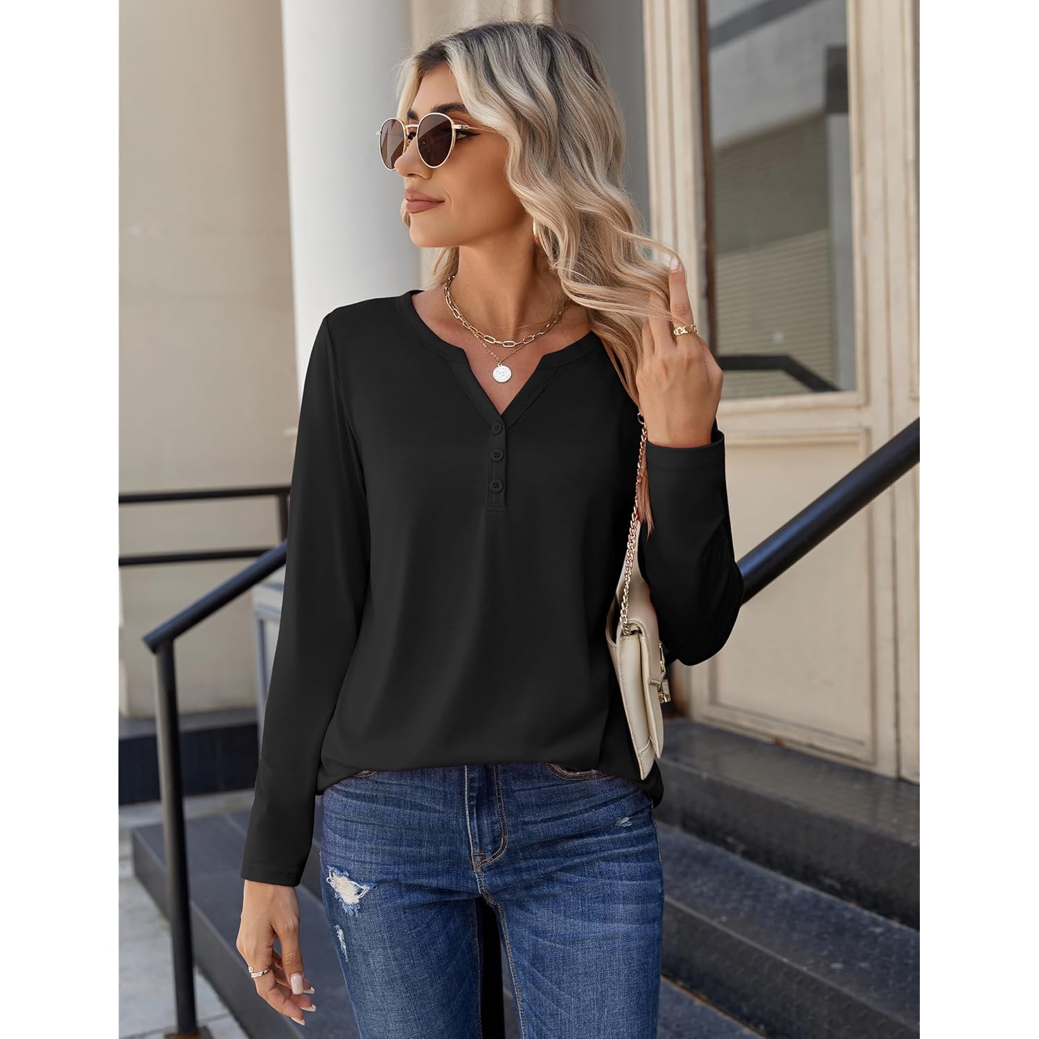 Long Sleeve Shirts for Women Casual V Neck Fall Tops Dressy Summer Work Blouses Clothes
