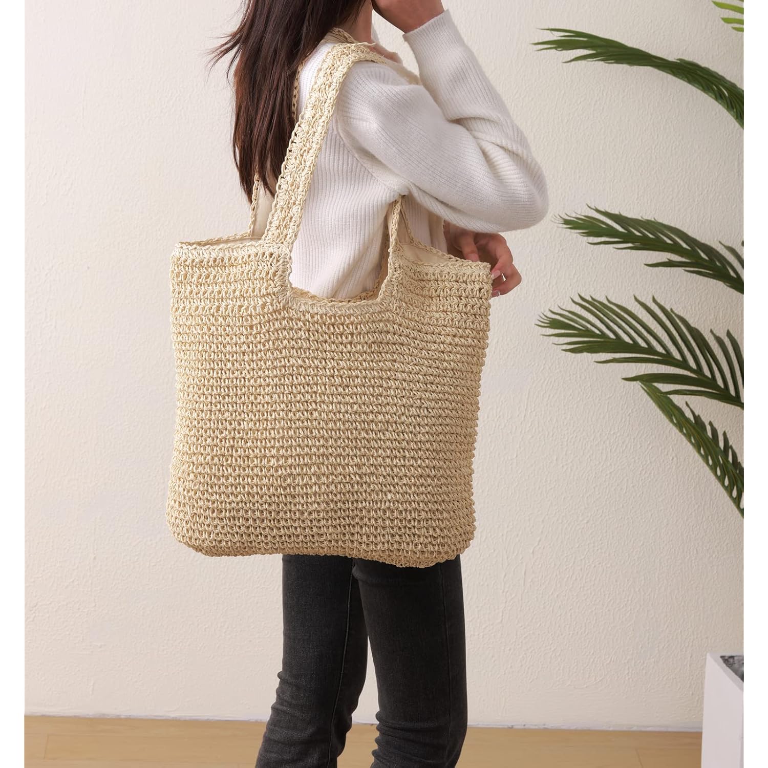 GOLDTIMO Beach Bags for Women - Summer Soft Large Woven Shoulder Purse Handbag, Beach Tote Straw Bag for Summer Vacation