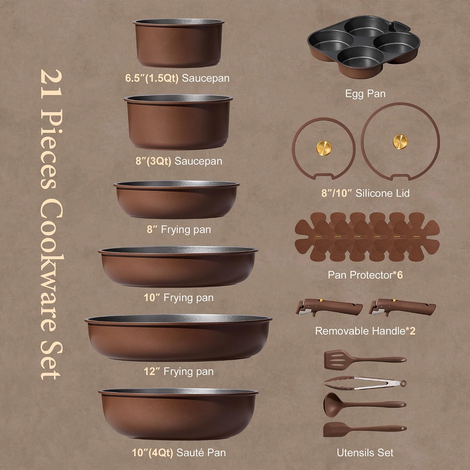 Carote 21Pcs Pots And Pans Set, Nonstick Cookware Set Detachable Handle, Induction Kitchen Cookware Sets Non Stick With Removable Handle, Rv Cookware Set, Oven Safe, Brown