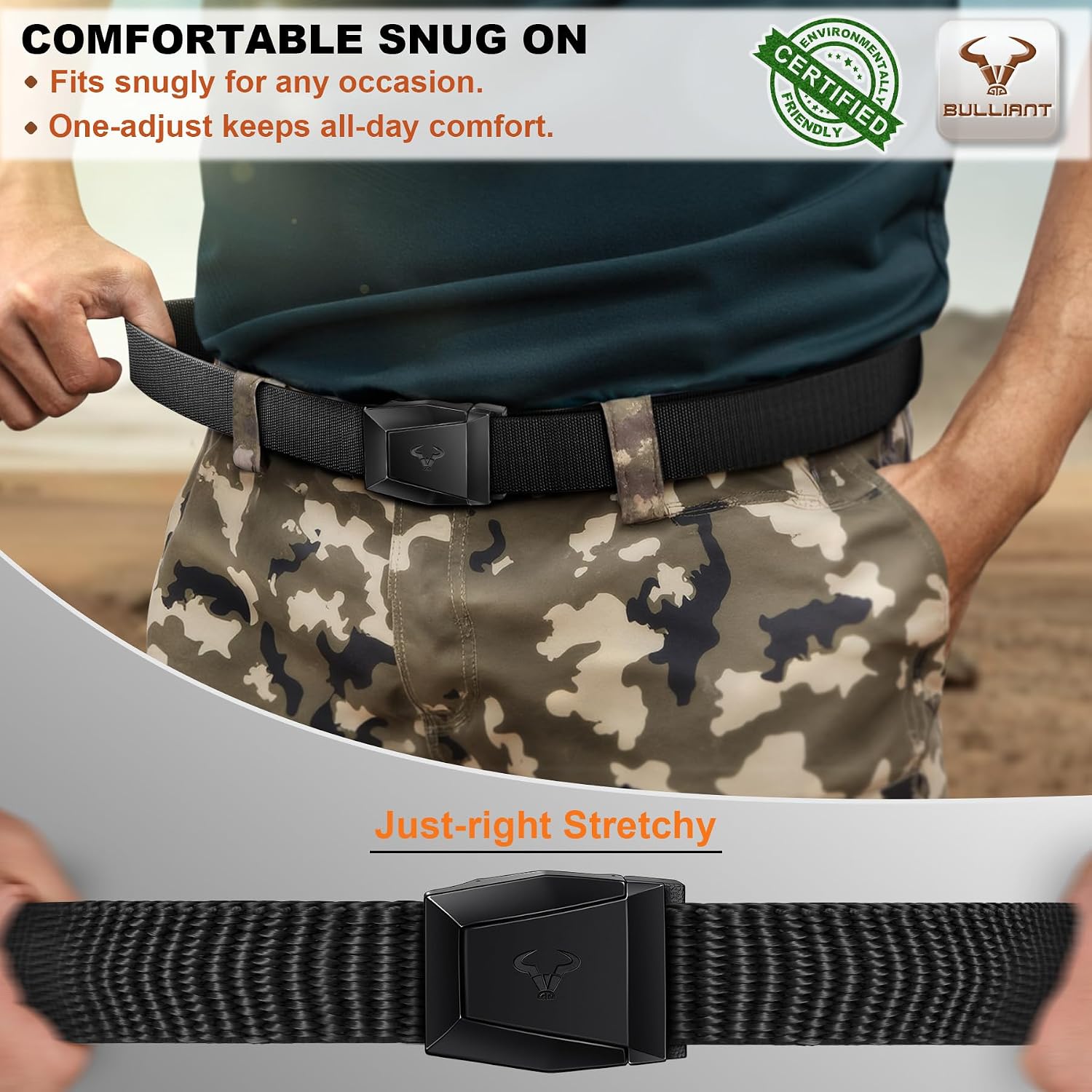 Bulliant Men Tractical Belt,Stretch Western Rigger Web Belt For Cowboy Military Heavy Duty Hiking Hunting 1.5"-Cut For Fit