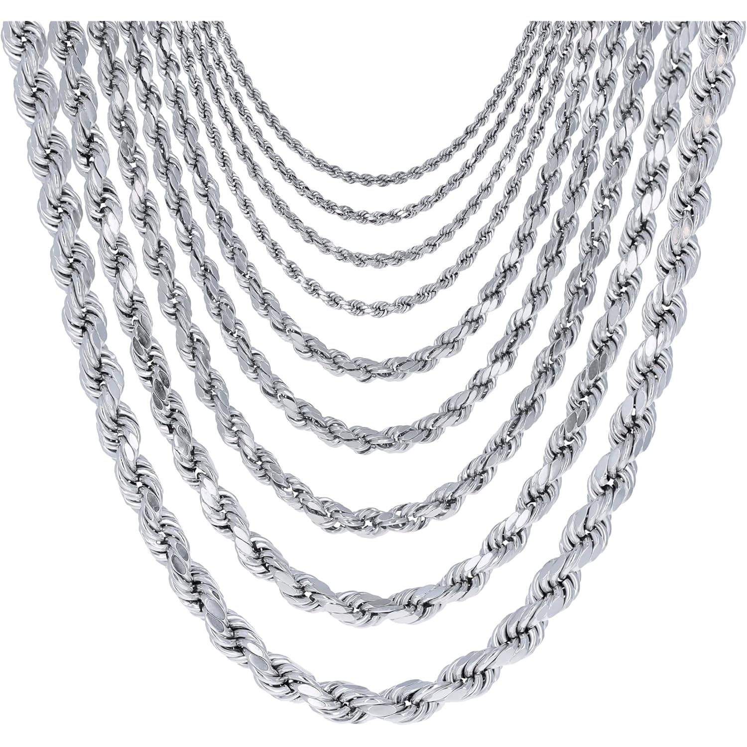 Nuragold 10K White Gold Solid Rope Diamond Cut Chain Necklace 16"-30" (1.5mm-6mm) Made in Italy (Mens Womens Unisex Jewelry
