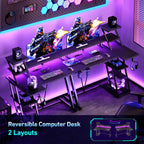Korfile 40 Inch Gaming Desk With Led Lights & Power Outlet, L Shaped Computer Gaming Table With Storage Shelves, Reversible Corner Desk With Monitor Stand For Home Office, Carbon Fiber Black