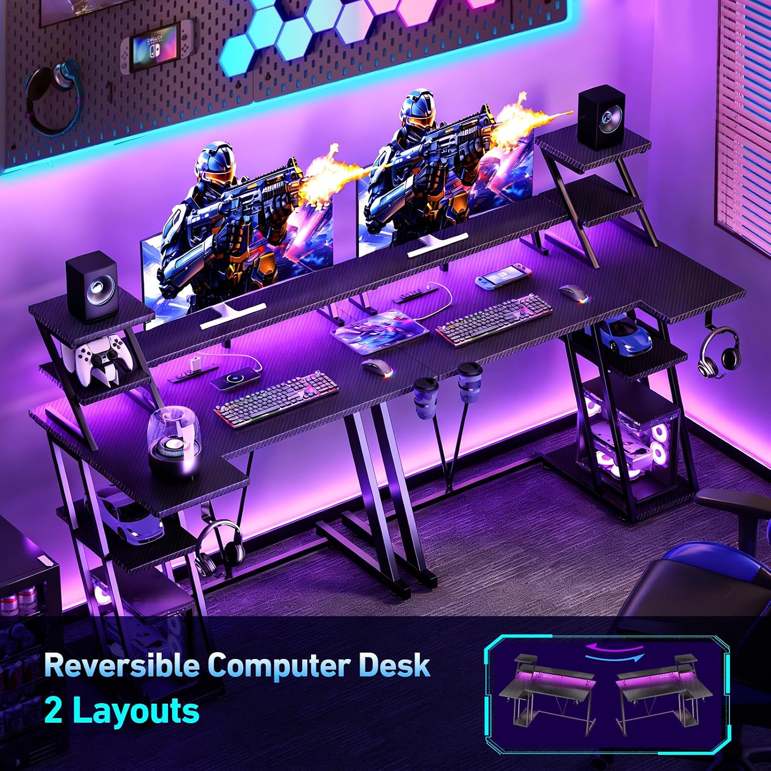 Korfile 40 Inch Gaming Desk With Led Lights & Power Outlet, L Shaped Computer Gaming Table With Storage Shelves, Reversible Corner Desk With Monitor Stand For Home Office, Carbon Fiber Black