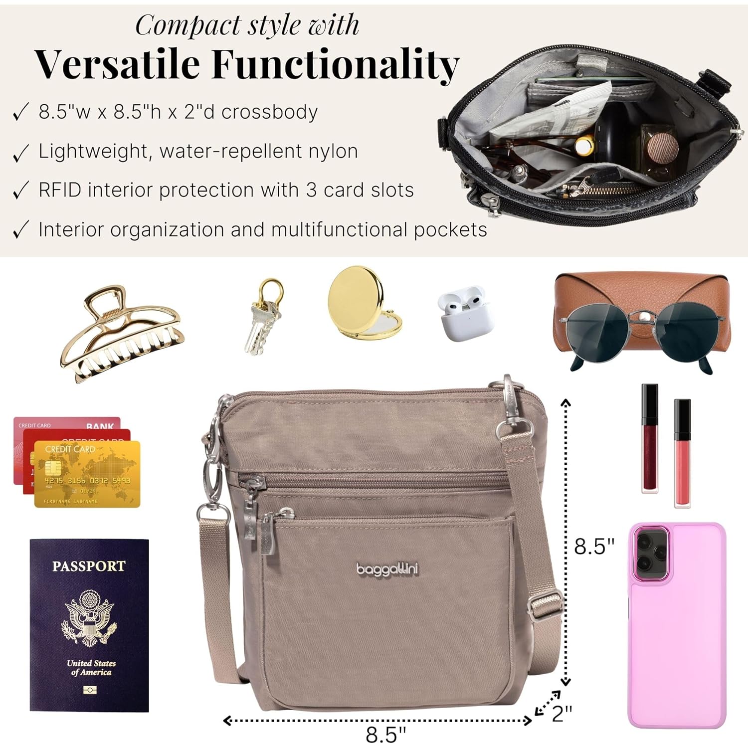 Baggallini Modern Pocket Crossbody Bag for Women, 8.5"x8.5" Handbag Purse with RFID, Lightweight Water-Resistant