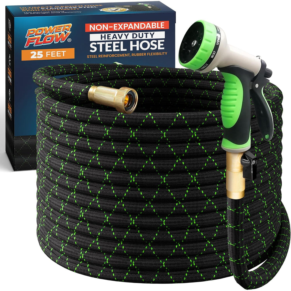 Garden Hose, Non-Expandable 25 Feet Premium Quality Stainless Steel Metal Water Hose With Durable Fabric Skin, Hose For Commercial, Residential Use, Bonus 10-Way Spray Nozzle (25 Ft, Black)