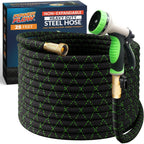 Garden Hose, Non-Expandable 25 Feet Premium Quality Stainless Steel Metal Water Hose With Durable Fabric Skin, Hose For Commercial, Residential Use, Bonus 10-Way Spray Nozzle (25 Ft, Black)