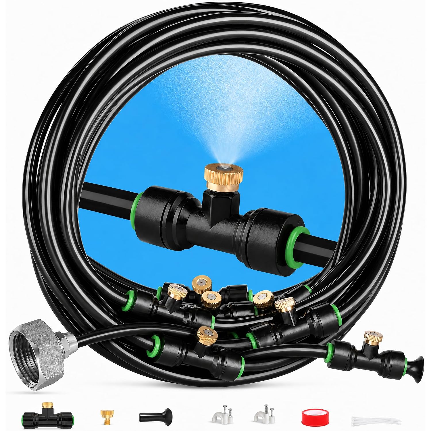 Misters For Outside Patio 63Ft(19.2M)+21 Brass Mist Nozzles+A Brass Adapter(3/4") Detachable Outdoor Misting Cooling System For Garden, Waterpark, Greenhouse, Backyard, Fan, Umbrella, Deck, Canopy