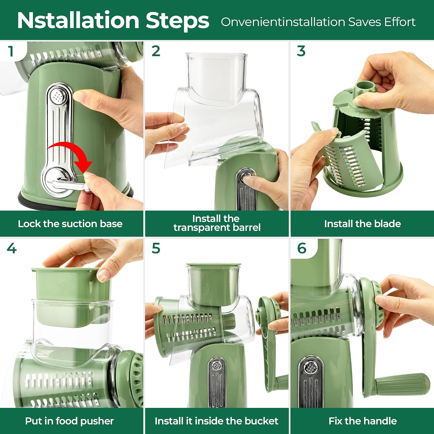 Susteas Rotary Cheese Grater 5 Blades,Kitchen Mandoline Vegetable Slicer | Retro Green, Easy To Clean, Strong Suction Base, 5 Blades Storage Box, Round Mandoline Slicer & Food Chopper For Salad