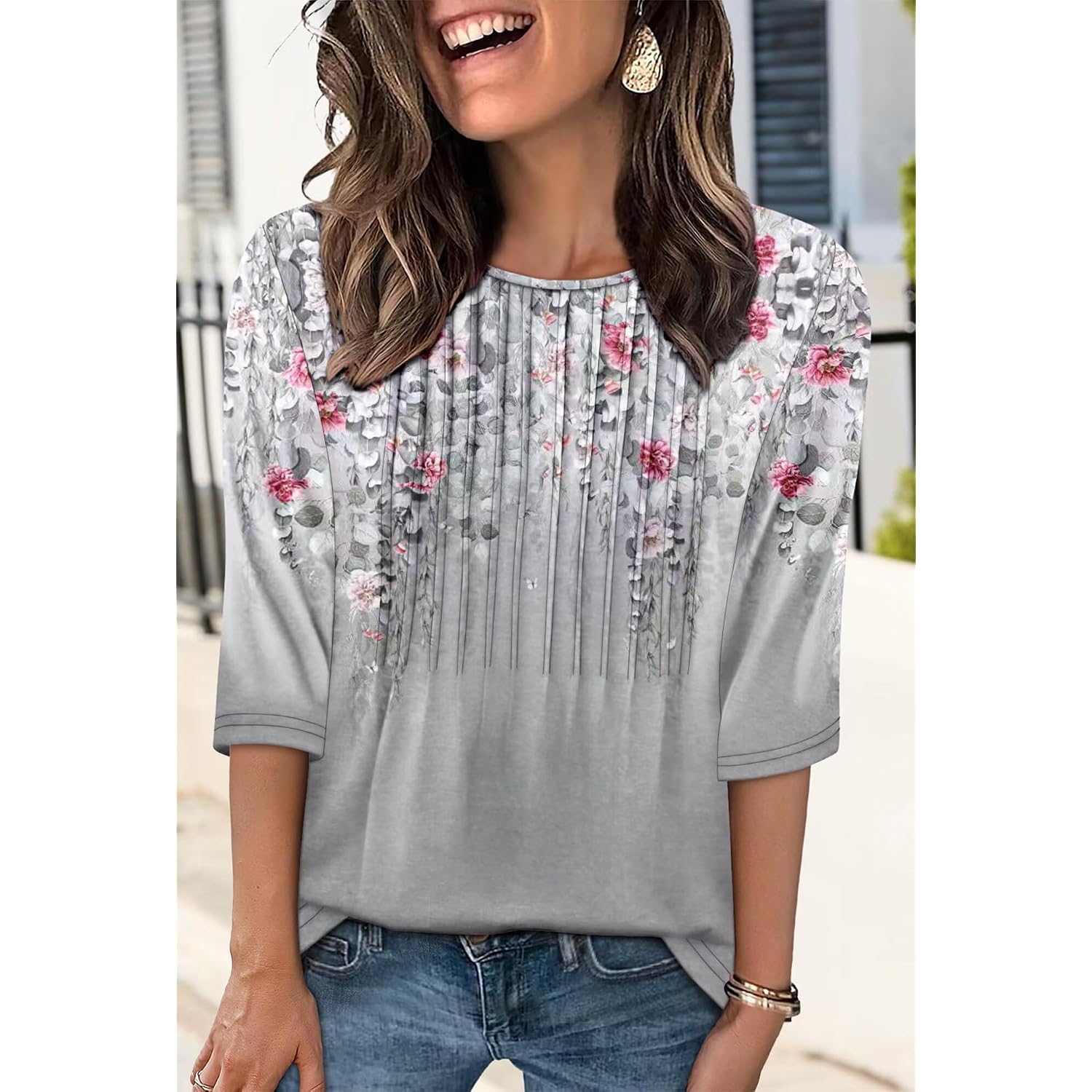 KISSMODA Women's Round Neck Pleated 3/4 Sleeve Tunic Top