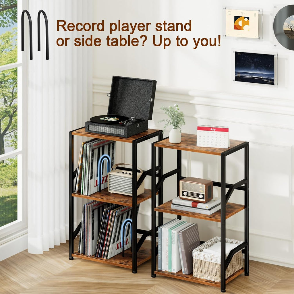 Record Player Stand, Vinyl Record Storage Up To 200 Albums, 3 Tier End Table With Removable Dividers, Tall Side Table For Living Room, Bedroom, Rustic Brown, Hetcd010Br-1