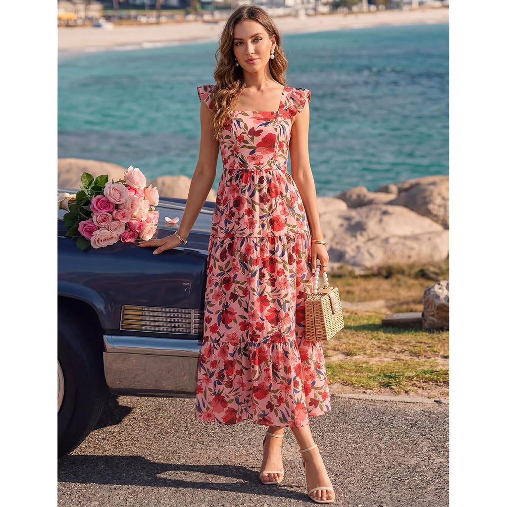 Zesica Women'S Summer Boho Floral Midi Dress 2026 Casual Ruffle Cap Sleeve Beach Wedding Guest Flowy Tiered Long Dresses