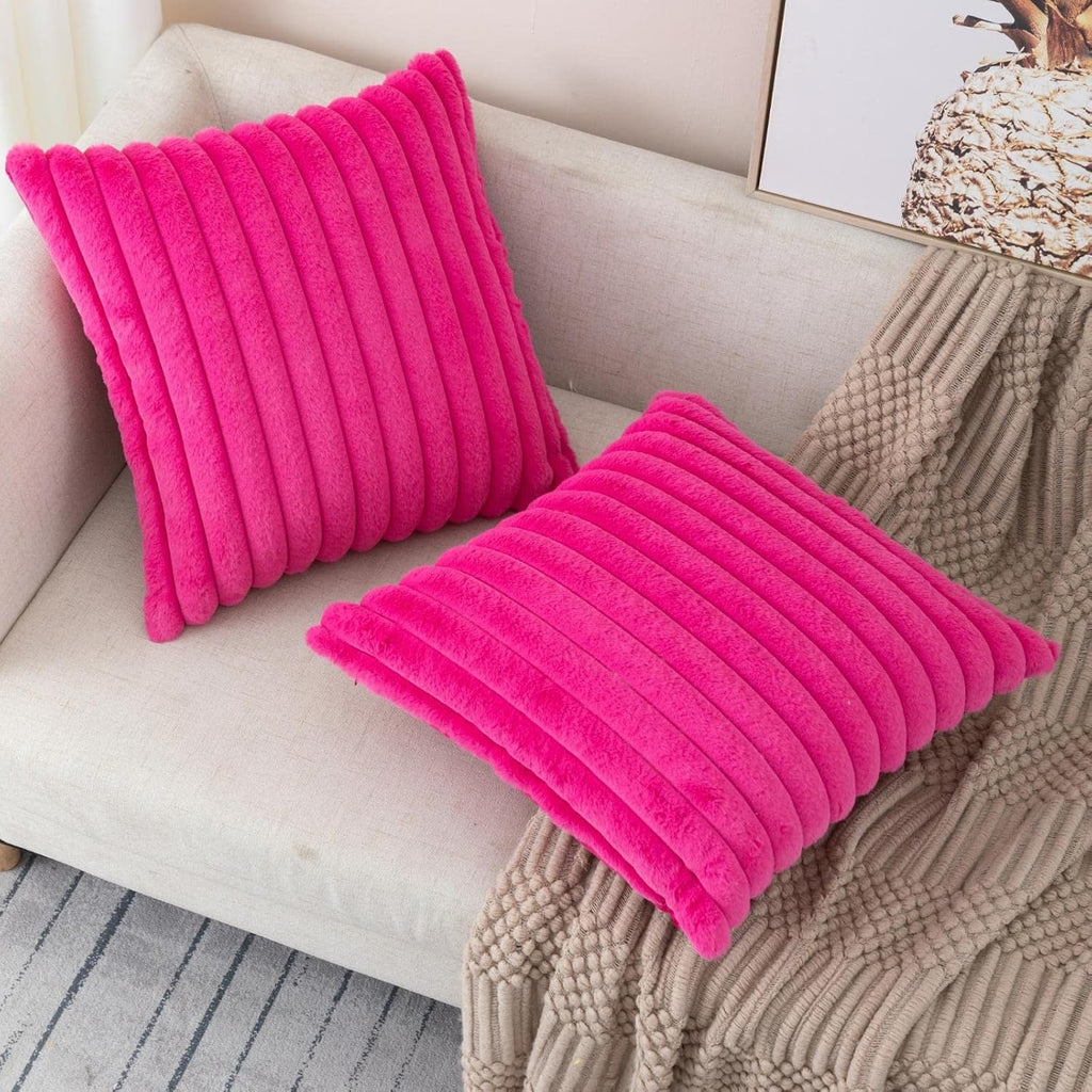 Zlina Set Of 2 Hot Pink Faux Fur Decorative Throw Pillow Covers Fluffy Striped Pillowcase Cushion Covers 18 X 18 Inch Decor Sofa Couch Bedroom