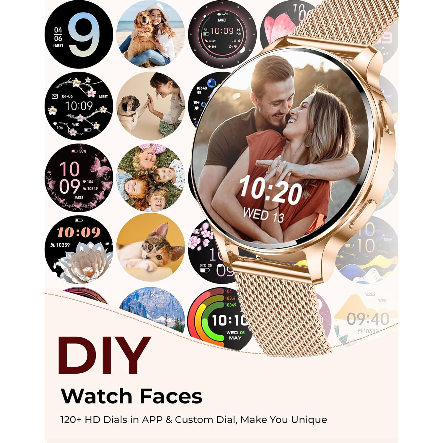 Smart Watches for Women, 1.27″ AMOLED Fitness Tracker with Heart Rate SpO2 Sleep Monitor, 3 Bands, 120+ Sport Modes, Call & Notifications, Smartwatch for Android & iPhone Compatible, 40 mm Rose Gold