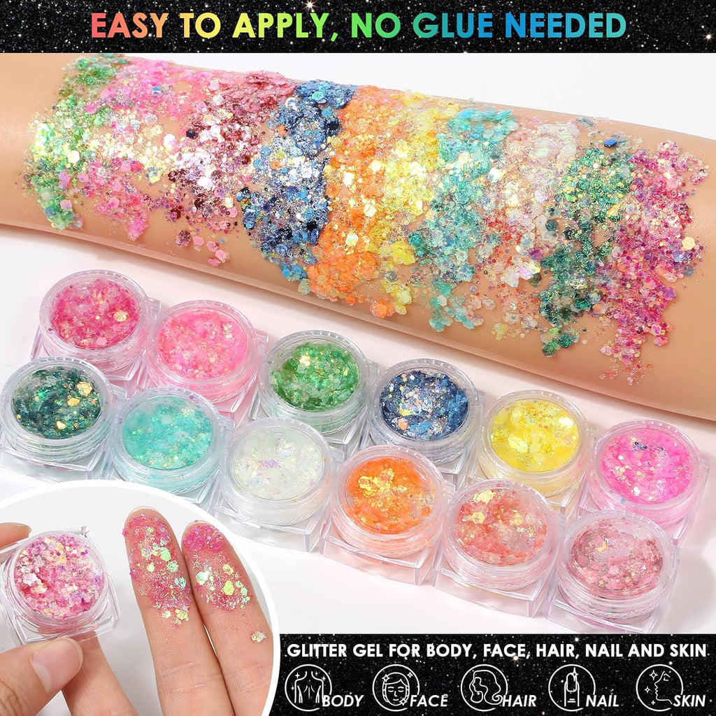 Glow In The Dark Glitter Gel With Uv Neon Liquid Eyeliner Pen Set For Body Face Hair Eye, Makeup Kit For Rave Accessories Party Halloween Anime Cosplay Concerts Festival Carnival Face Paint