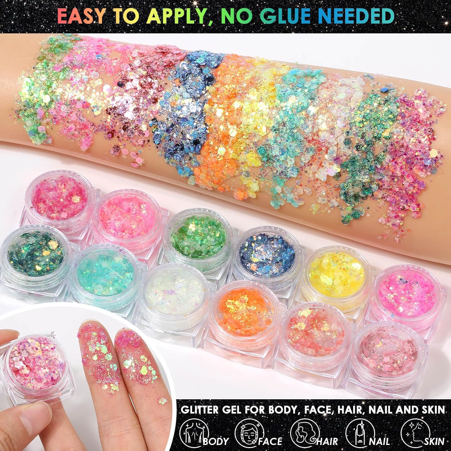 Glow In The Dark Glitter Gel With Uv Neon Liquid Eyeliner Pen Set For Body Face Hair Eye, Makeup Kit For Rave Accessories Party Halloween Anime Cosplay Concerts Festival Carnival Face Paint