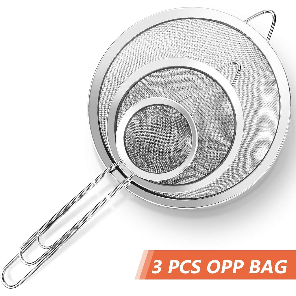 3Pcs Super Wire Extra Fine Mesh Strainer With Handle, Small Medium Large Size Sifter Metal Strainer Set, Stainless Steel Sieve Fine Mesh Strainers For Kitchen Rice Juice Quinoa Food Flour Baking Ylyl