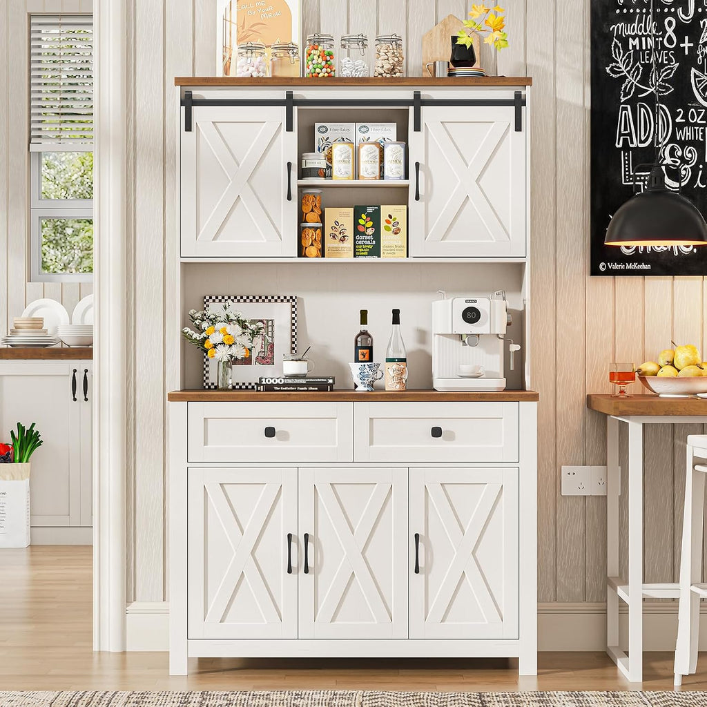 67.7 Inch Farmhouse Pantry Storage Cabinet With Sliding Barn Doors, 2 Drawer Farmhouse Coffee Cabinet With Adjustable Shelf, Side Board With Buffet Cupboard For Livingroom Kitchen, White