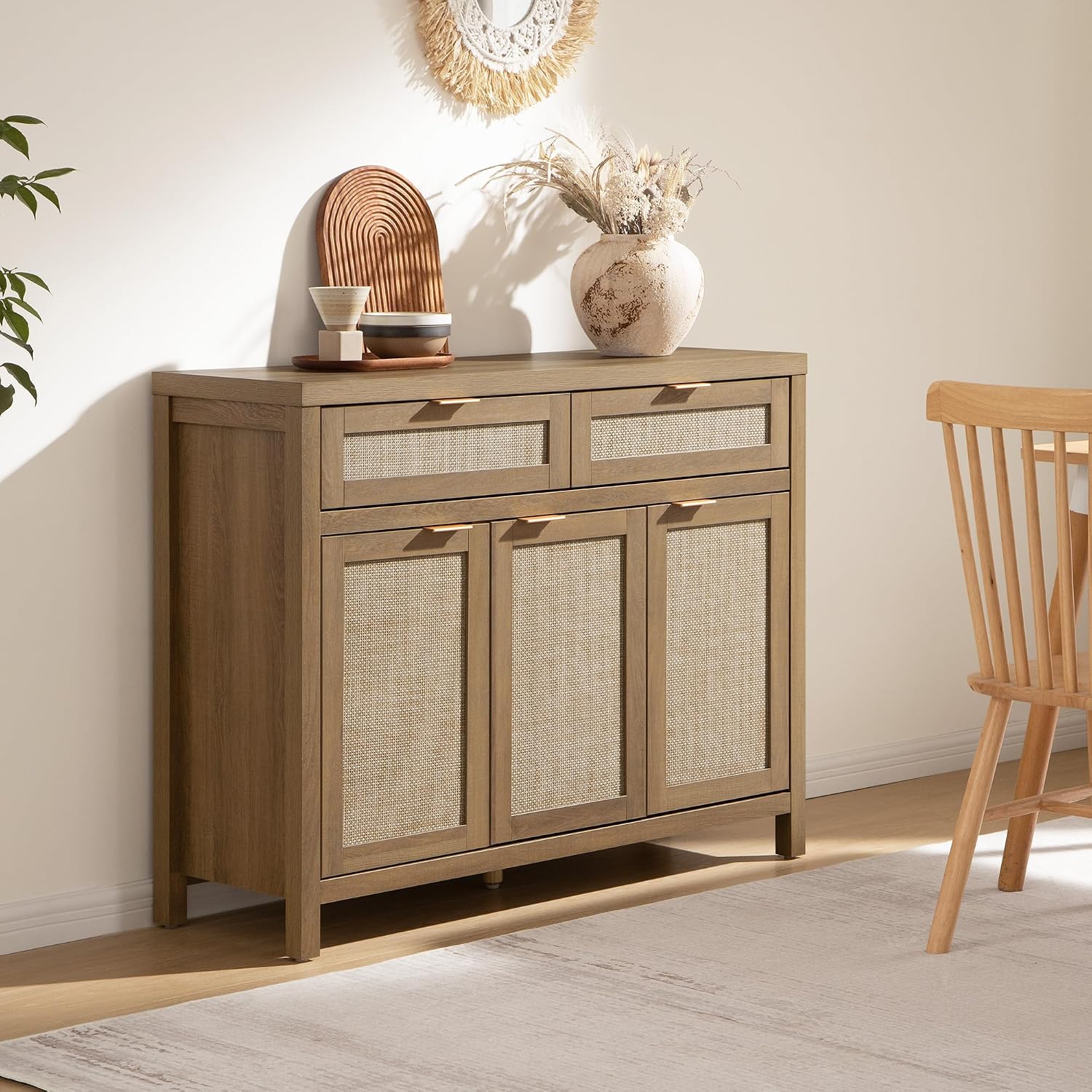 Sicotas Rattan Sideboard Buffet Cabinet With Storage, Boho Credenza Accent Cabinet With 3 Doors And 2 Drawers, Farmhouse Console Coffee Bar For Kitchen, Living Room, And Entryway, Caramel Oak
