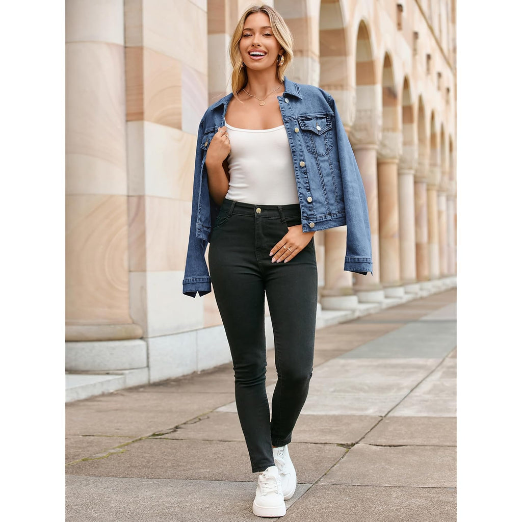 Glamaker Womens Jean Jacket 2026 Basic Trendy Long Sleeve Denim Jackets Button Down Fitted Western Coat With Pockets