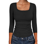 Anrabess Womens 3/4 Sleeve Scoop Neck Tops Ribbed Knit Slim Fitted Casual Basic Tee Shirts 2026 Fall Trendy Going Out T-Shirt