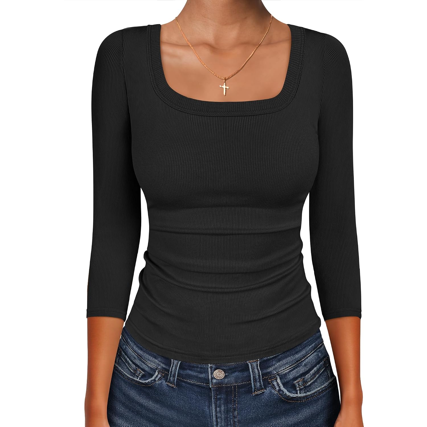 Anrabess Womens 3/4 Sleeve Scoop Neck Tops Ribbed Knit Slim Fitted Casual Basic Tee Shirts 2026 Fall Trendy Going Out T-Shirt