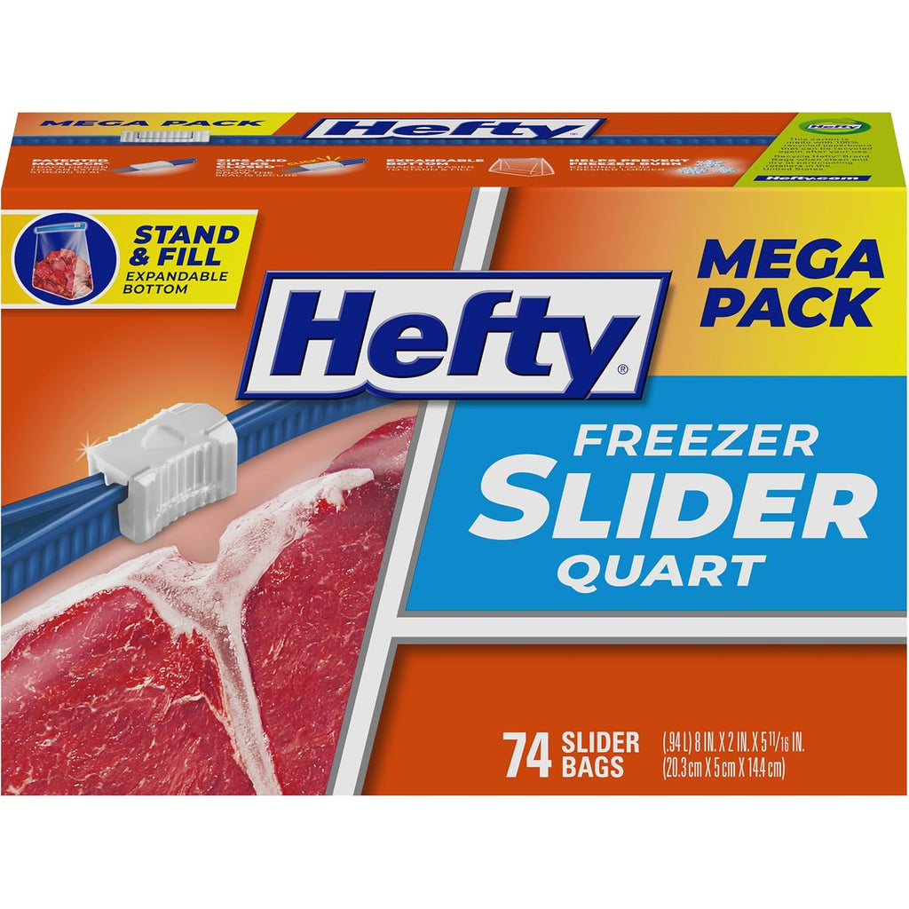 Hefty Slider Quart Freezer Bags, 74 Count, Quart Slider Bags for Freezer, Holds Individual Leftovers, Sliced Fruits and Veggies, and More, Writable Label, Secure Zip and Click Closure