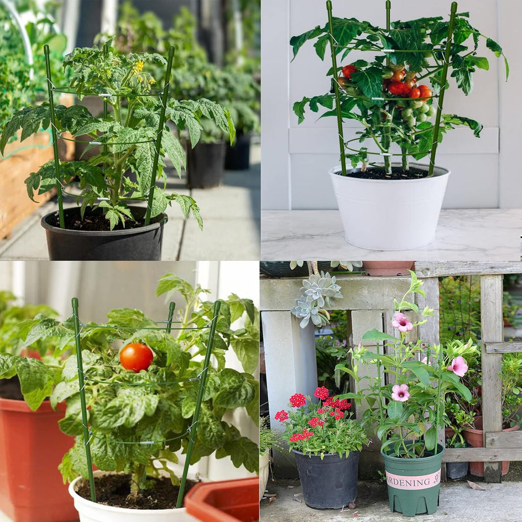 18" Small Plant Support Tomato Cages, 4 Pack Adjustable Garden Trellis For Indoor Outdoor Climbing Plants, Peony Flower Stakes With 66Ft Garden Twist Ties, Green Metal Plant Cages For Pots & Garden
