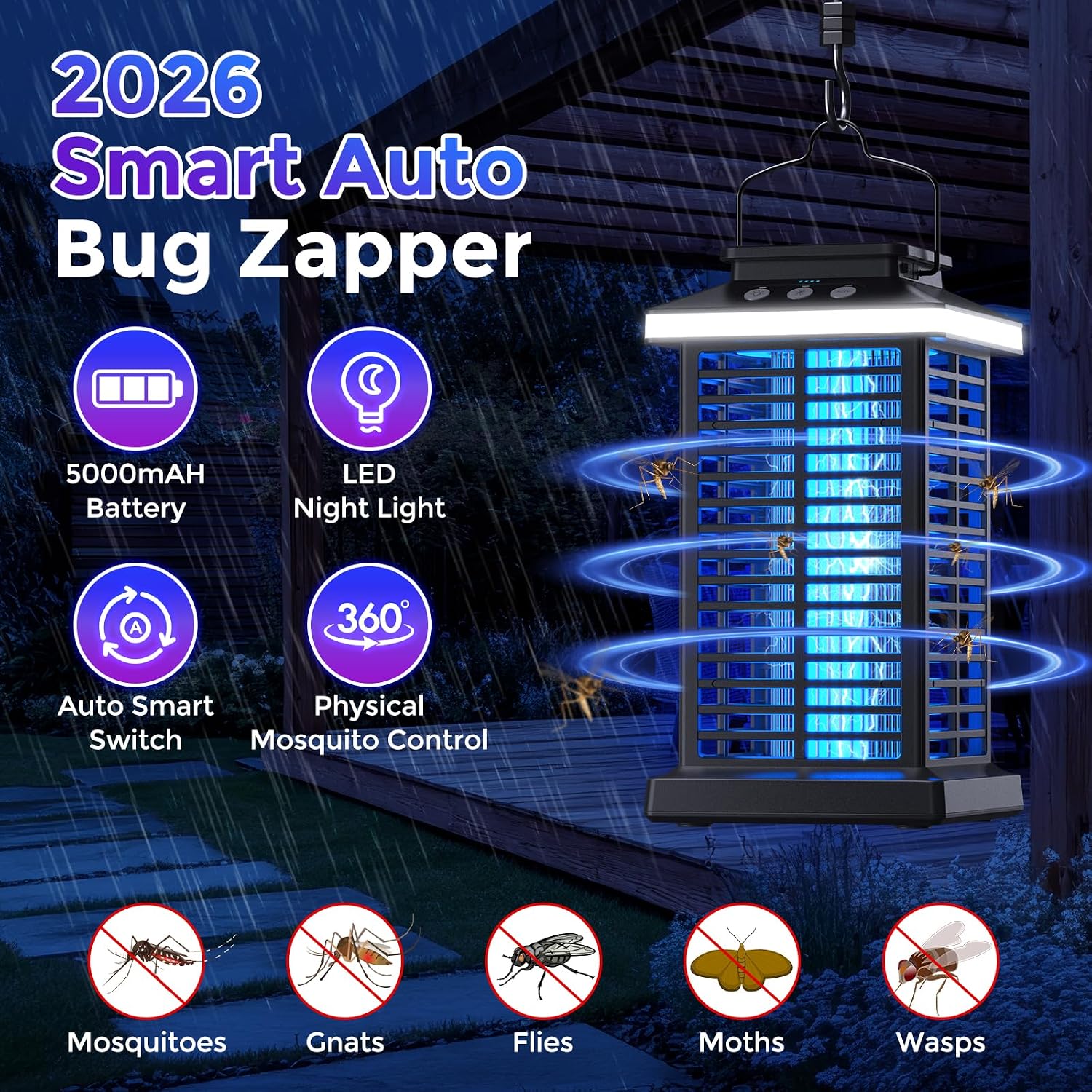 Bug Zapper Outdoor, 2026 Upgraded 3 In 1 Rechargeable Bug Zapper With 5000Mah Battery & Led Night Light, 4000V Cordless Waterproof Mosquito Zapper For Outside,Patio,Backyard,Garden Black
