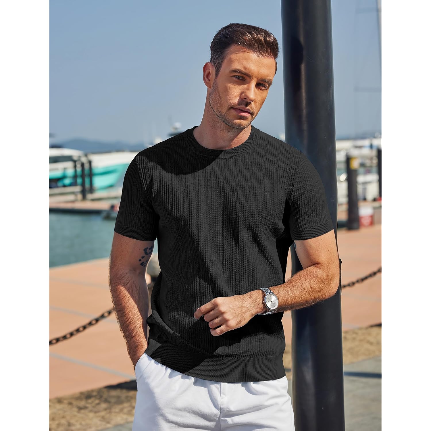 Coofandy Men'S T-Shirts Short Sleeve Knit Shirts Casual Crewneck Ribbed Dress Tee Shirt