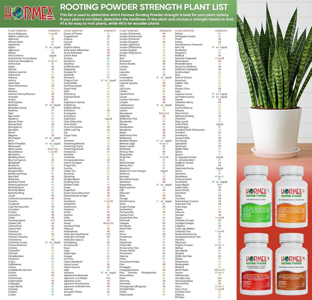 Hormex Rooting Powder #16 (1.60% Iba) For Difficult Hardwood Plants & Trees - Maximum Strength Root Powder, Root Stimulator For Plants, Rooting Hormone For Cuttings, Cloning, & Propagation
