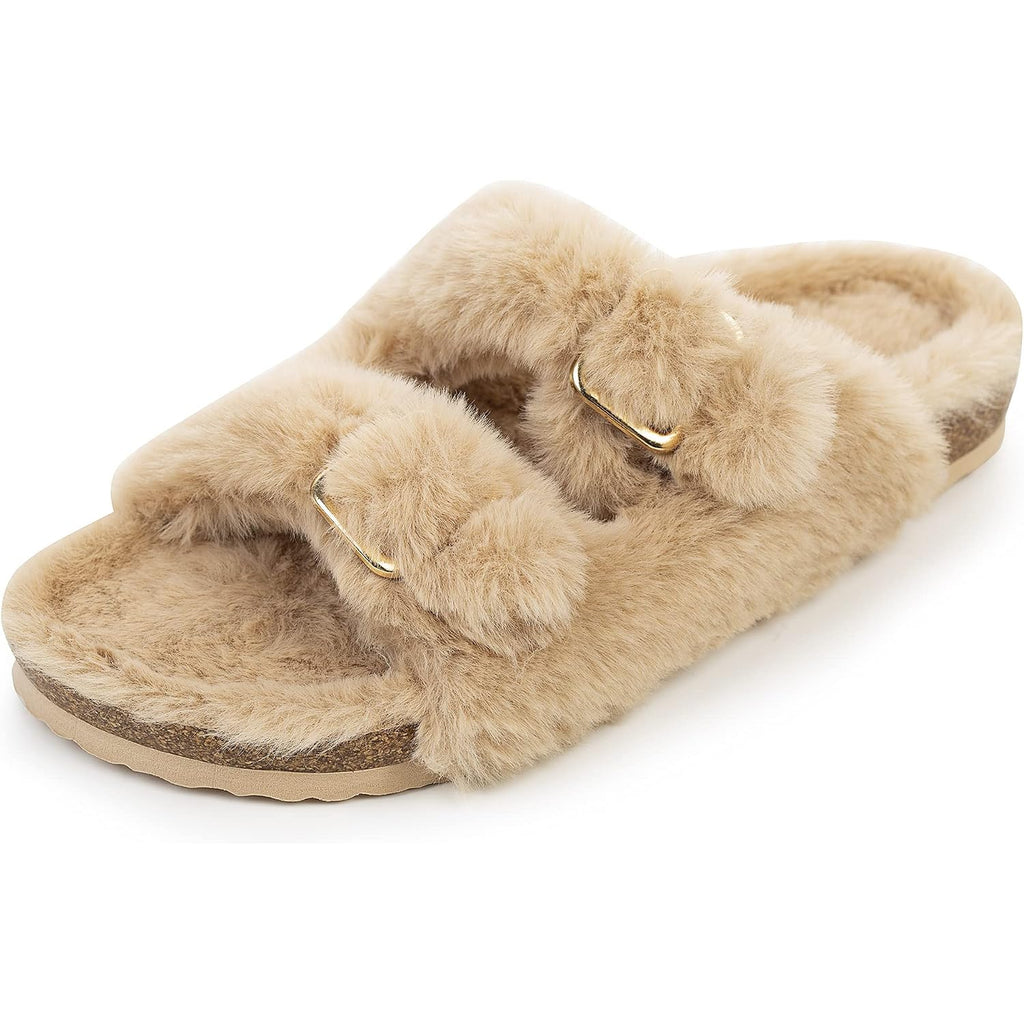 Fitory Womens Open Toe Slipper With Cozy Lining,Faux Rabbit Fur Cork Slide Sandals Size 6-11