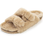 Fitory Womens Open Toe Slipper With Cozy Lining,Faux Rabbit Fur Cork Slide Sandals Size 6-11