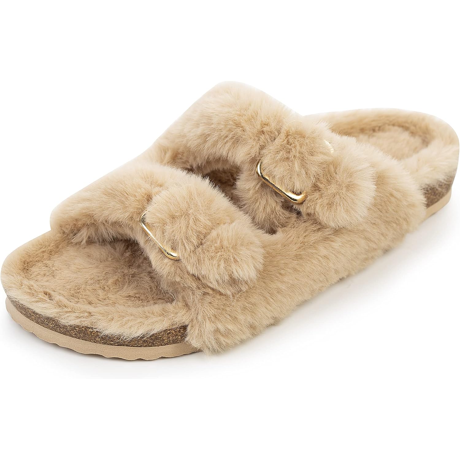 Fitory Womens Open Toe Slipper With Cozy Lining,Faux Rabbit Fur Cork Slide Sandals Size 6-11