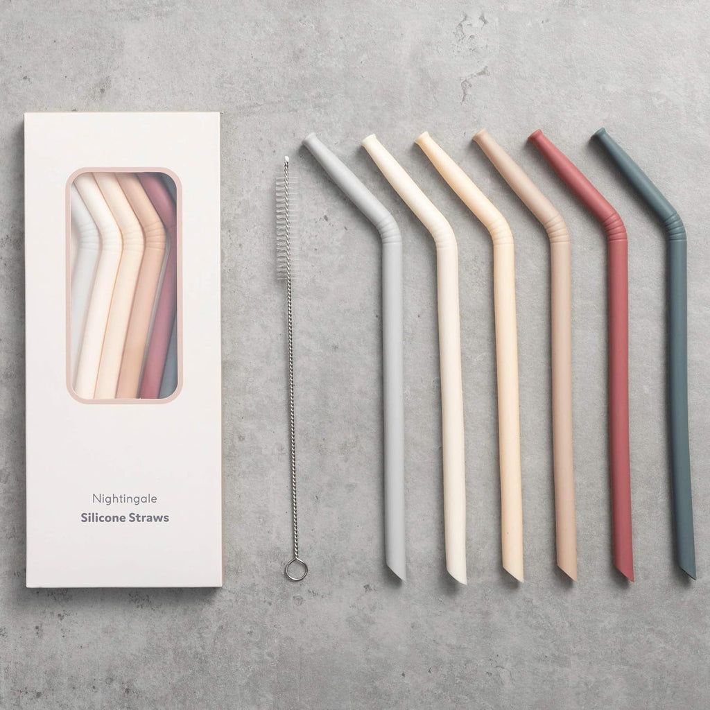Nightingale Reusable Silicone Straws - Bendy Drinking Straw With Cleaning Brush - Collapsible And Bendable Travel Straw For Kids - Dishwasher Safe, Food-Safe - Set Of 6 (Oak Multi)