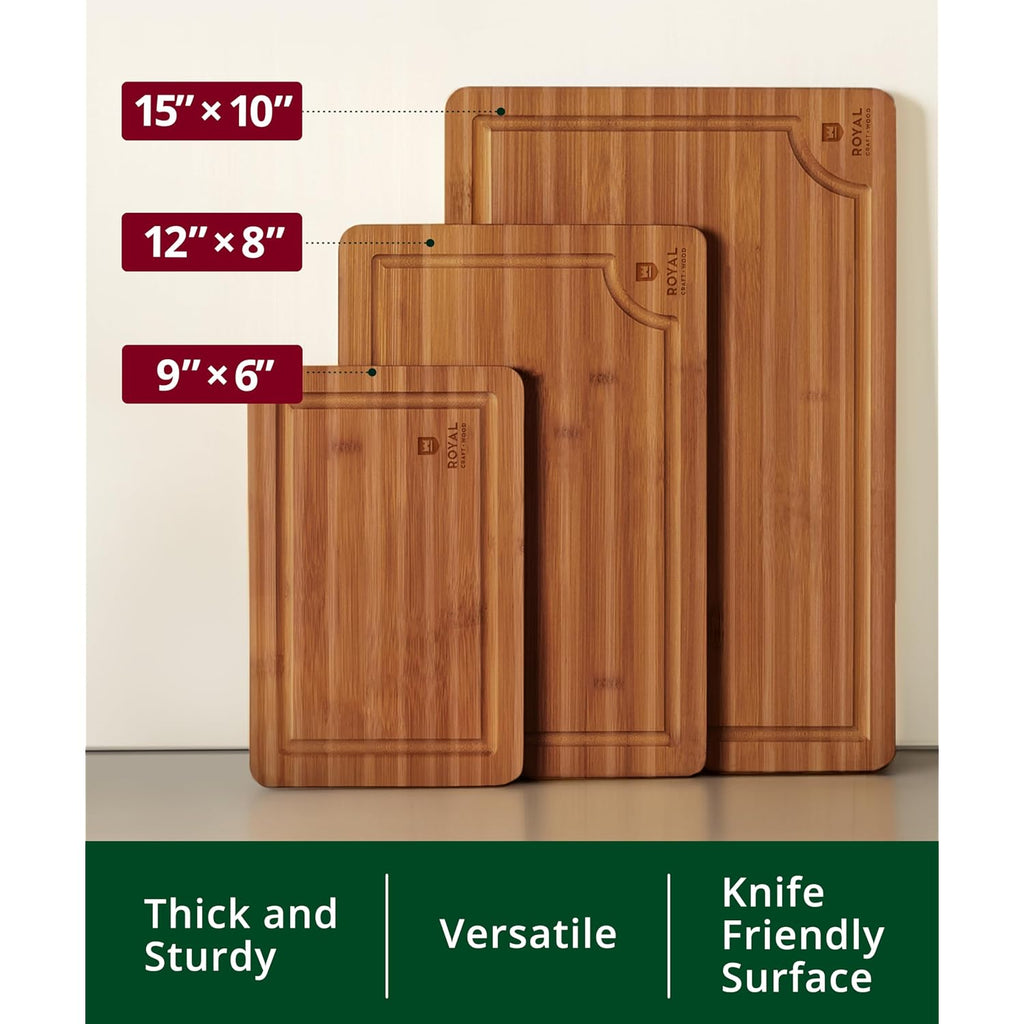 Royal Craft Wood Wooden Cutting Boards For Kitchen Meal Prep & Serving - Non Toxic Bamboo Wood Cutting Board Set With Deep Juice Groove Side Handles - Charcuterie & Chopping Butcher Block For Meat