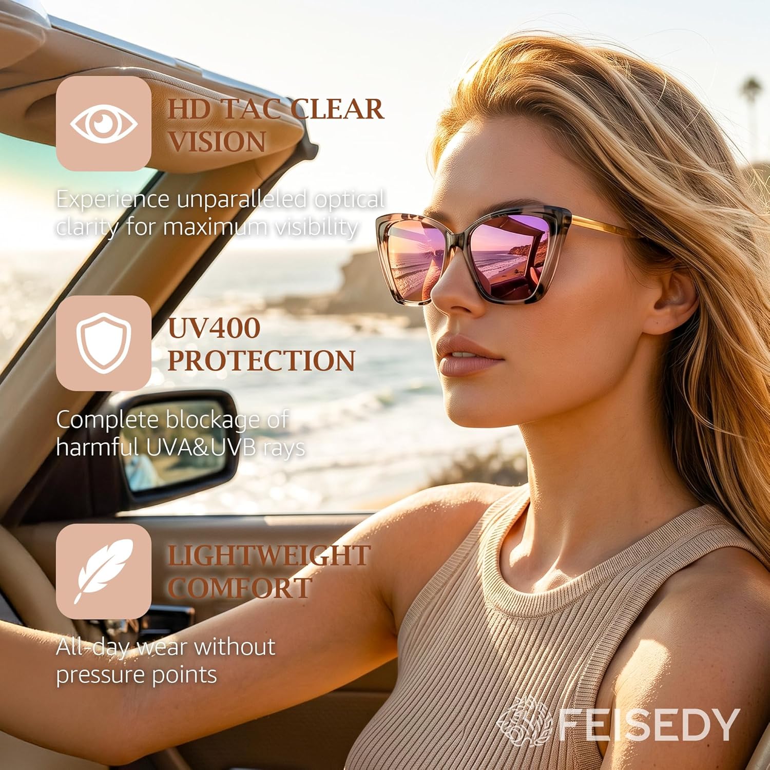 FEISEDY Trendy Polarized Women Sunglasses, Retro Womens Square Cat Eye Sun Glasses B4134