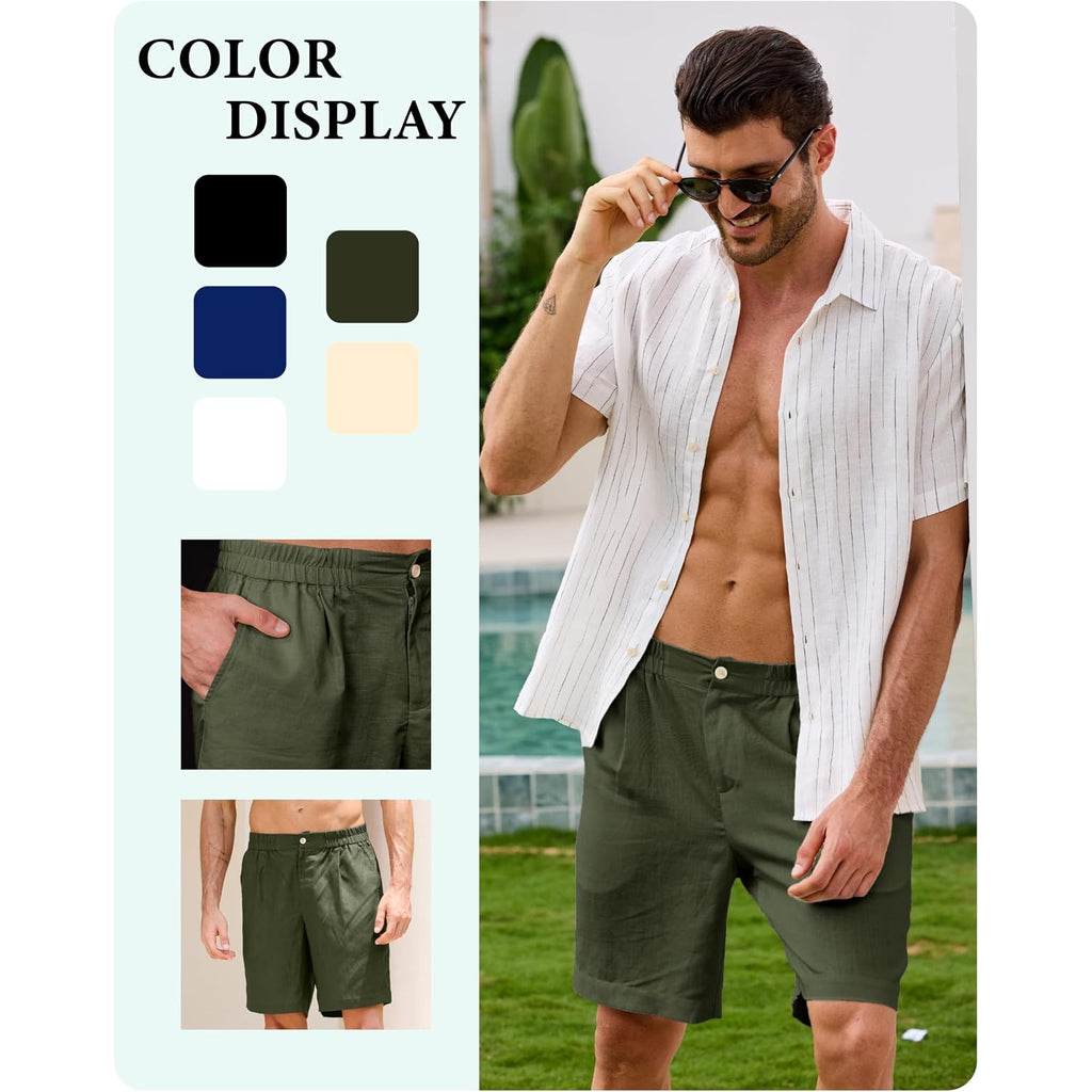 Kallspin Men'S Linen Blend Flat Front Shorts 9" Lightweight Casual Shorts With Elastic Waist And Side Pockets