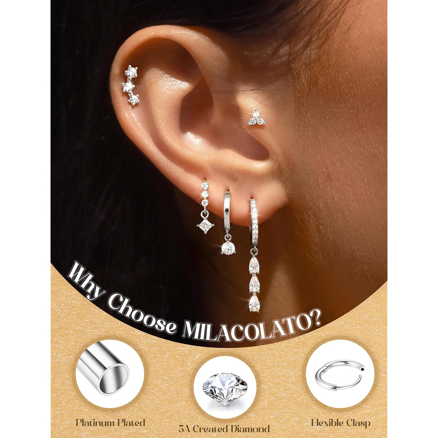 MILACOLATO 5Pairs 925 Sterling Silver Earrings for Women - 14K Gold Plated Stud Huggie Hoop Earrings Sets for Multiple Piercing, Hypoallergenic CZ Pearl Cartilage Earrings Stacks Trendy Jewelry