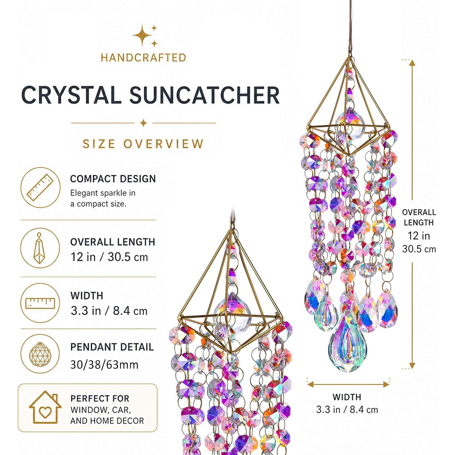 Crystal Suncatchers For Window Hanging Rainbow Maker Sun Catchers Indoor | Glass Wind Chime Garden Sun Catchers With Crystals Prisms,Whimsical Decor For Home,Handmade Gold Plated,With String & Hook
