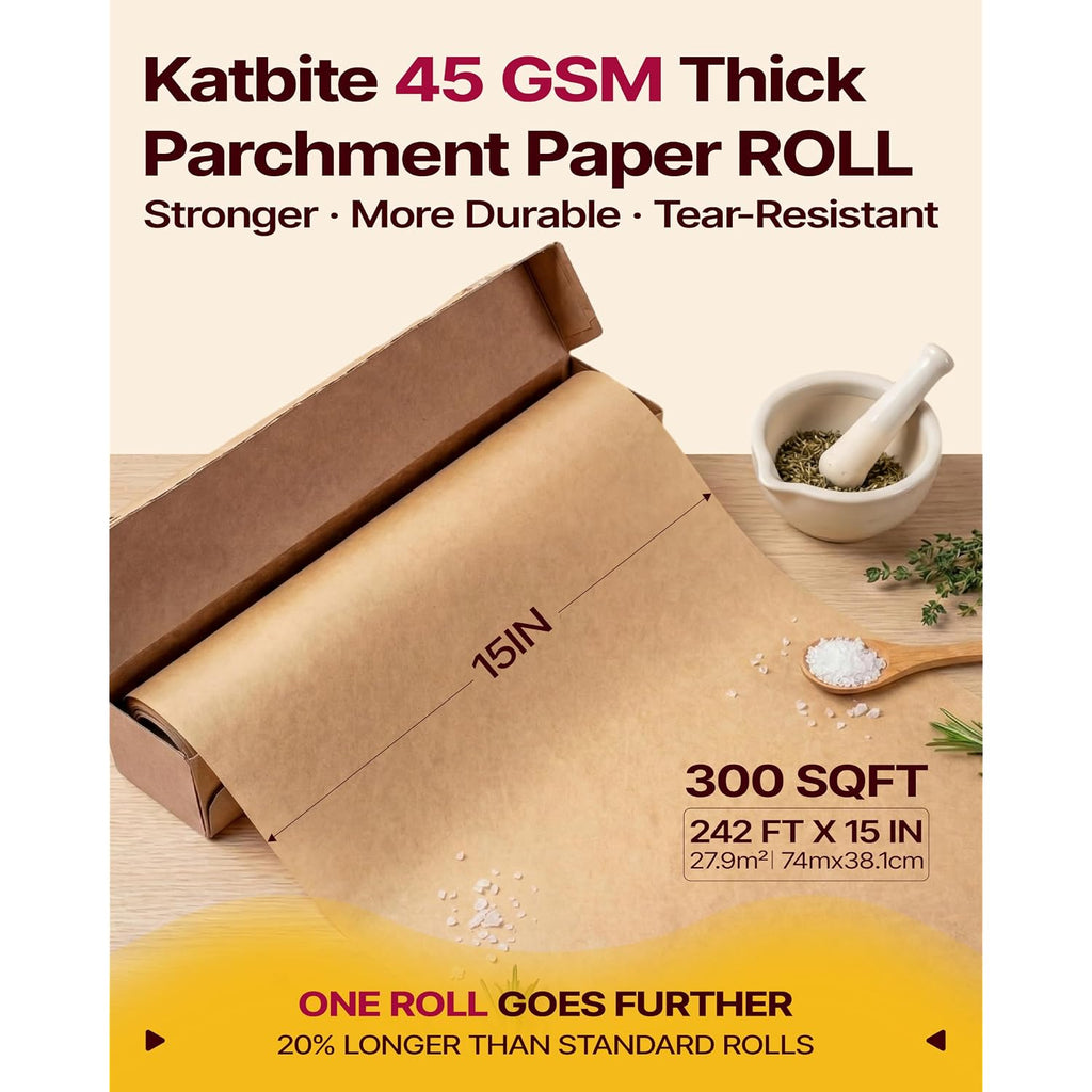 Katbite Unbleached Parchment Paper Roll, 15In X 242Ft, 300 Sq.Ft, Non-Stick With Serrated Cutter For Baking, Cooking, Air Fryer