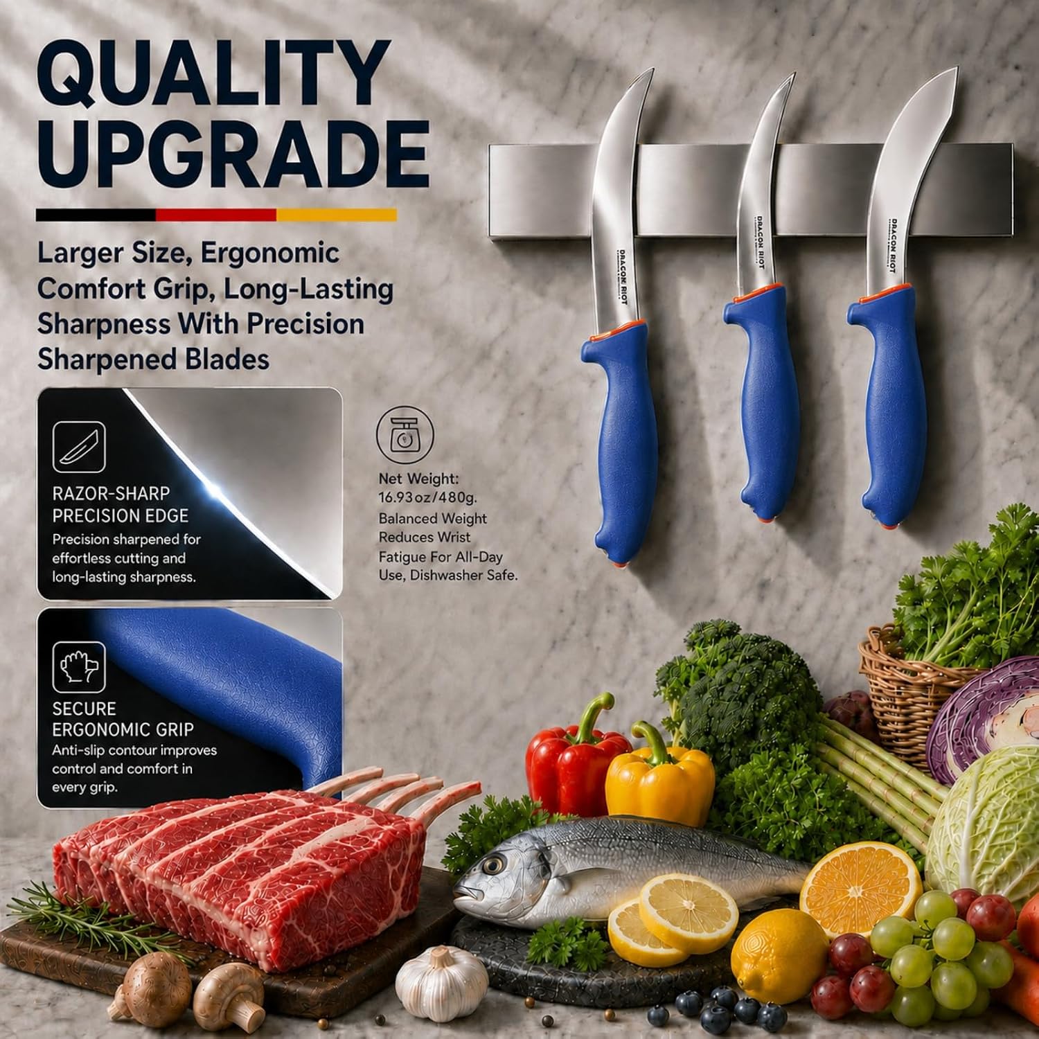 Dragon Riot 3 Pcs Butcher Knife Set, Stainless Steel Boning & Carving Knives, Sharp Kitchen Cutlery For Meat Cutting Trimming, Perfect For Home Kitchen, Outdoor Camping Bbq & Holiday Gift