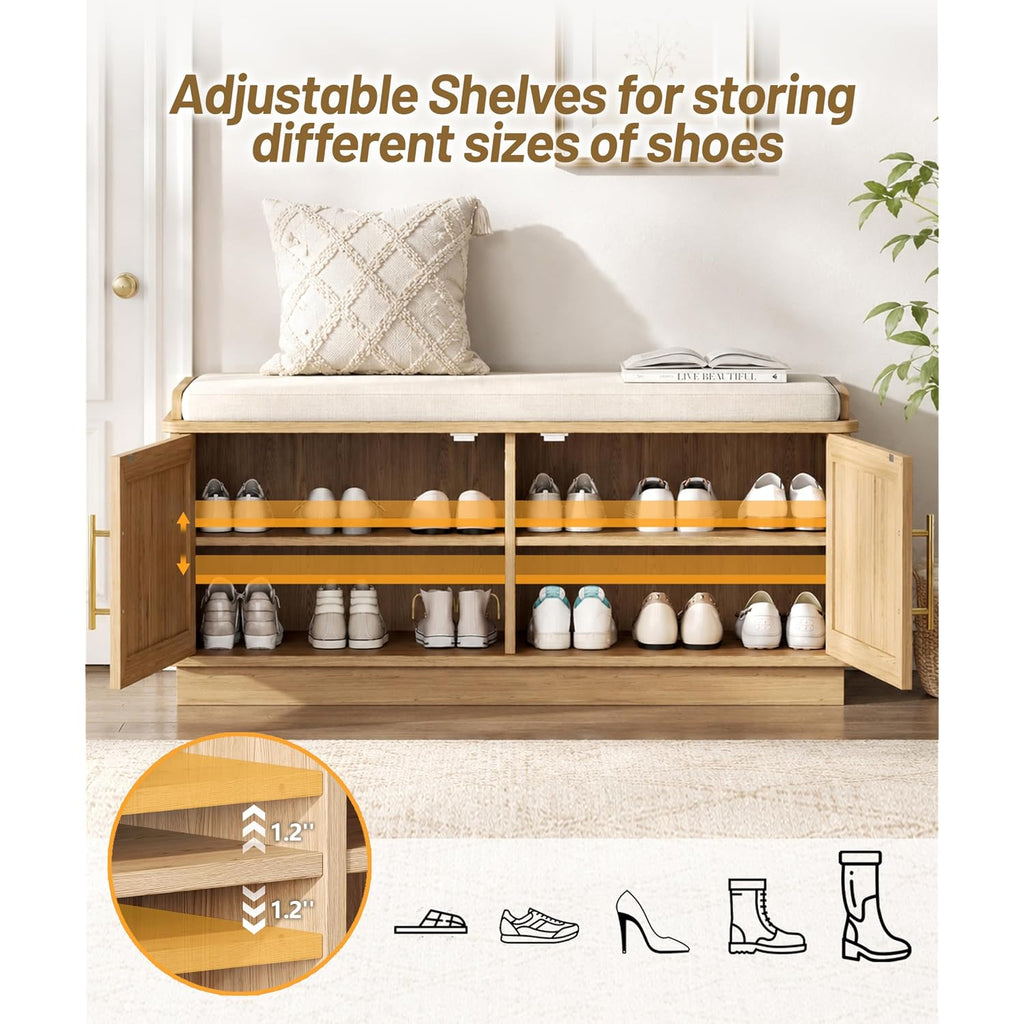 39.4" Fluted Shoe Storage Bench 2 Doors Wooden Entryway Bench Oak | 2 Tier Shoe Bench With Padded Cushion, Adjustable Shelves And 2 Doors, Curved Profile, For Hallway, Living Room, Bedroom