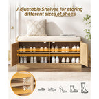 39.4" Fluted Shoe Storage Bench 2 Doors Wooden Entryway Bench Oak | 2 Tier Shoe Bench With Padded Cushion, Adjustable Shelves And 2 Doors, Curved Profile, For Hallway, Living Room, Bedroom