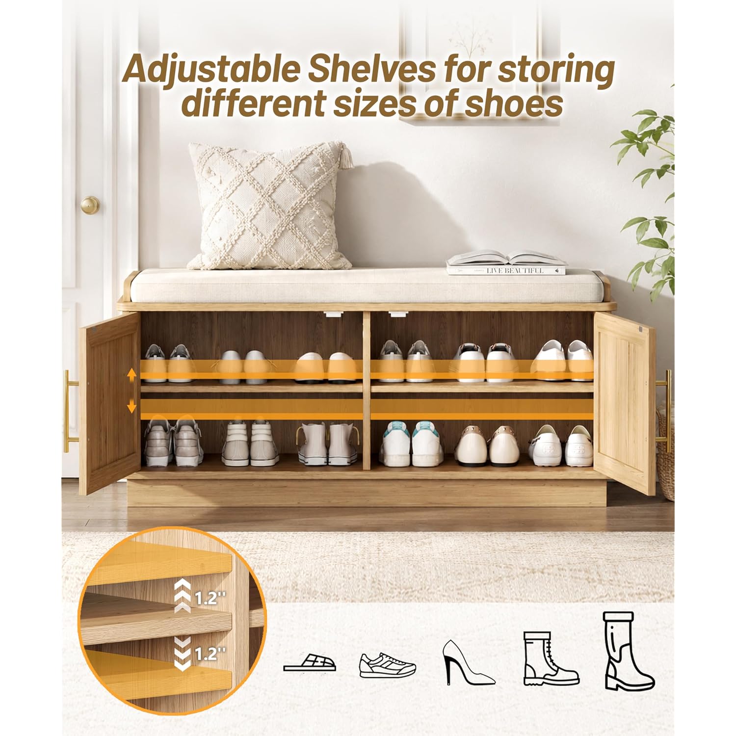 39.4" Fluted Shoe Storage Bench 2 Doors Wooden Entryway Bench Oak | 2 Tier Shoe Bench With Padded Cushion, Adjustable Shelves And 2 Doors, Curved Profile, For Hallway, Living Room, Bedroom