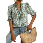 Dokotoo Women'S Summer Boho Floral Ruffle Shirt Puff Short Sleeve V Neck Casual Trendy Cute Blouse Tops