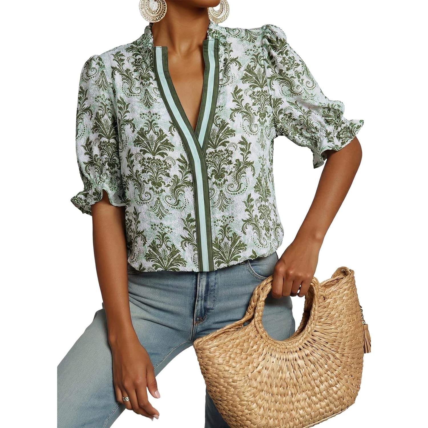 Dokotoo Women'S Summer Boho Floral Ruffle Shirt Puff Short Sleeve V Neck Casual Trendy Cute Blouse Tops