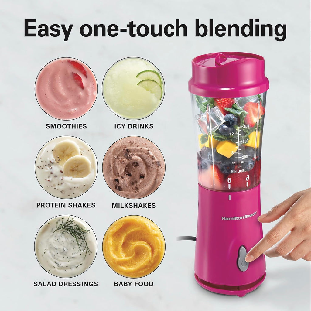 Hamilton Beach Portable Blender for Shakes and Smoothies, 14 Oz BPA Free Travel Cup & Lid, Durable Stainless Steel Blades, Personal Smoothie Blender, Raspberry, 51131G