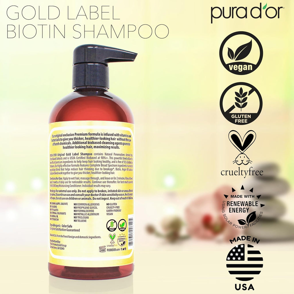 PURA D'OR Original Gold Label Anti-Thinning Shampoo - CLINICALLY TESTED – Natural Earthy Scent - Biotin & Argan Oil – Sulfate-Free Strengthening & Volumizing for Fuller-Looking Hair, Men & Women 16 oz